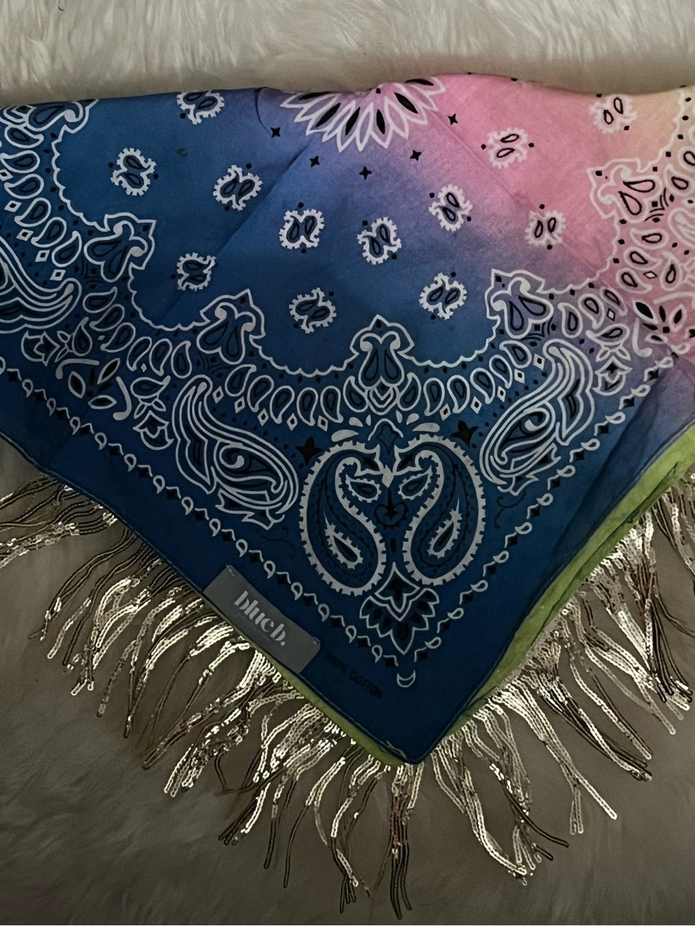 BlueB (Blue B) Blue Pink Green Gradient Bandana-Style Scarf with Sequined Fringe